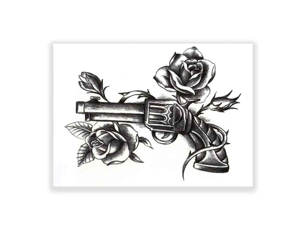 תעתוע קעקוע זמני בינוני - אקדח ושושנים