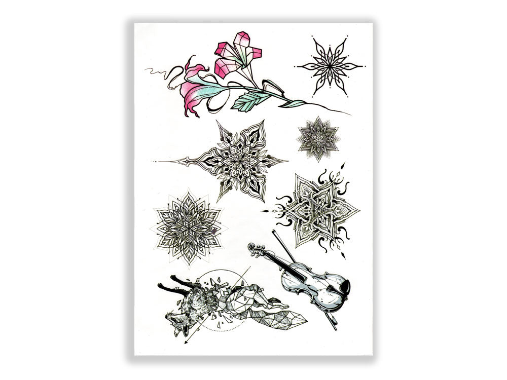 תעתוע קעקוע זמני גדול שחור לבן מיקס מנדלה פרחים קטנים גאומטרי