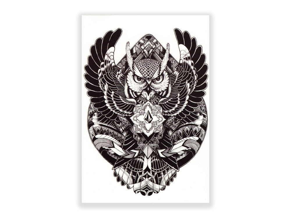 תעתוע קעקוע זמני גדול שחור לבן שרוול ינשוף שבטי מנדלה