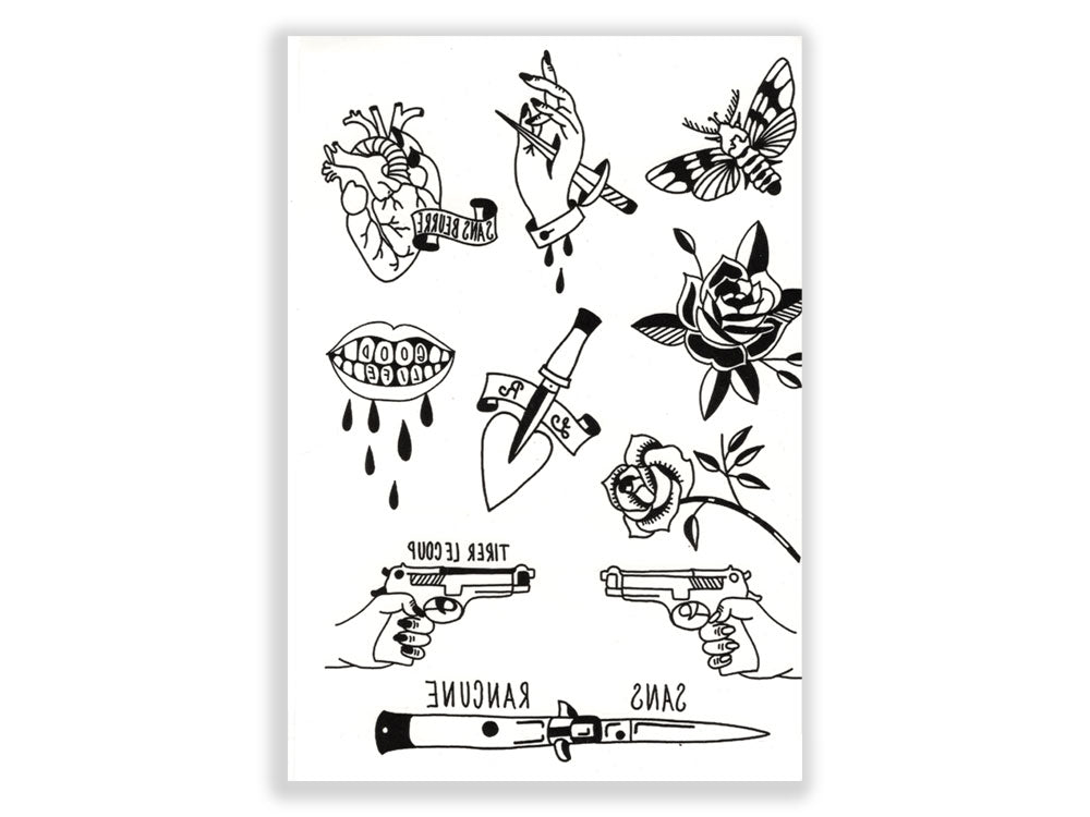 תעתוע קעקוע זמני גדול שחור לבן מיקס לב ורד רובה פגיון עש