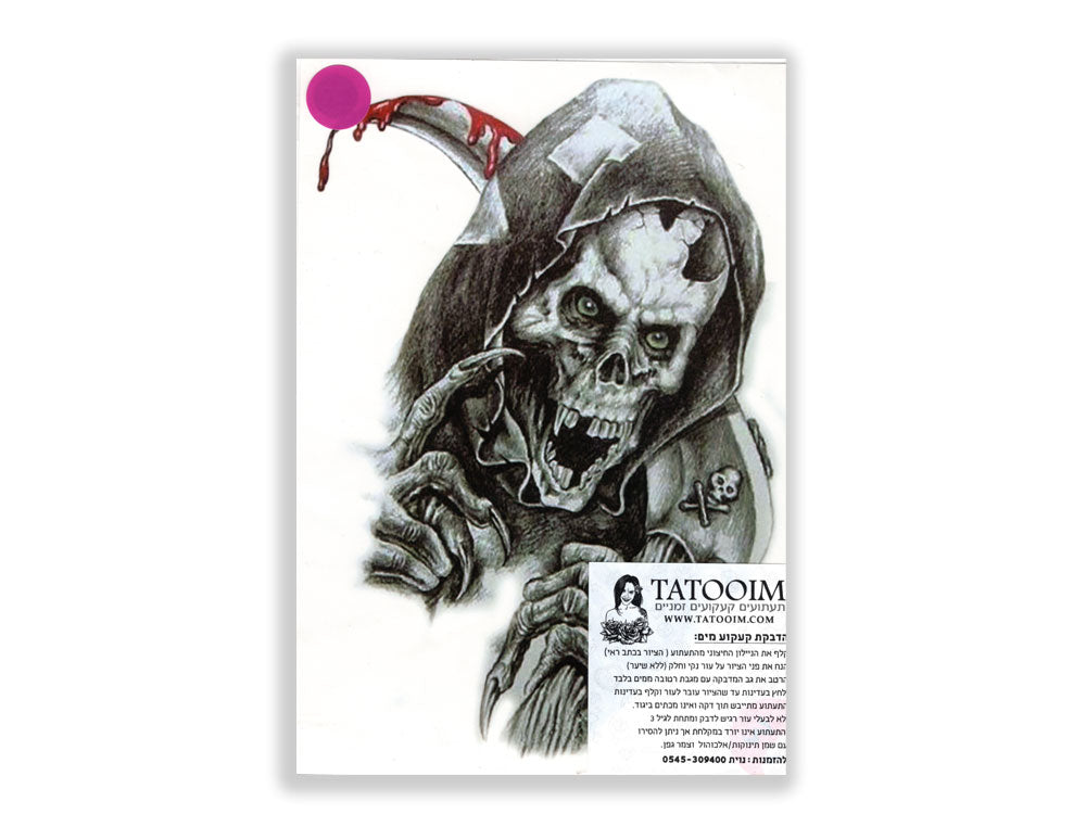 תעתוע קעקוע זמני גדול שחור לבן אפל מלאך המוות גולגולת