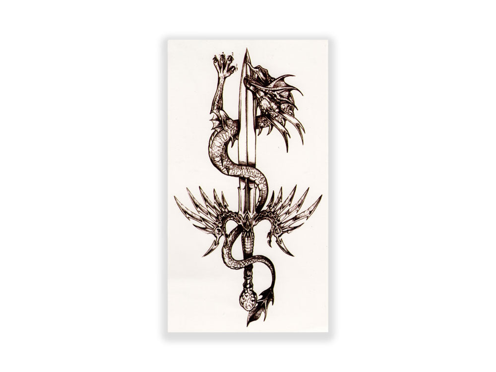 תעתוע קעקוע זמני בינוני שחור לבן סגנון אפל דרקון עם פגיון