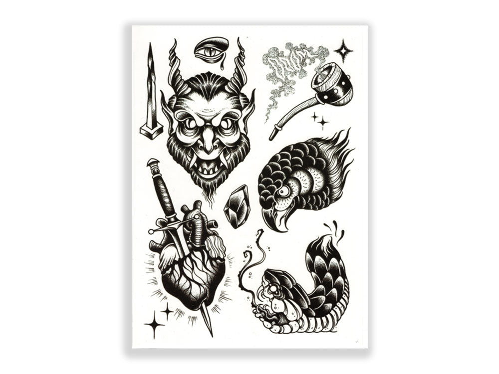 תעתוע קעקוע זמני גדול שחור לבן מיקס שדון עם קרניים נחש פגיון