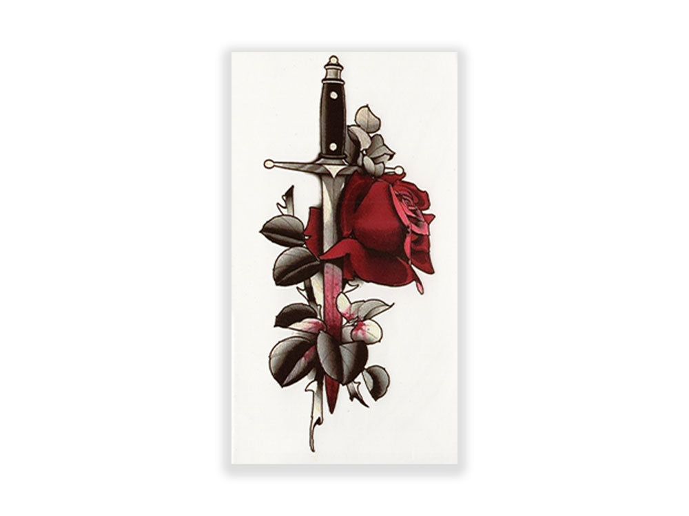 תעתוע קעקוע זמני בינוני - פגיון עם שושנים