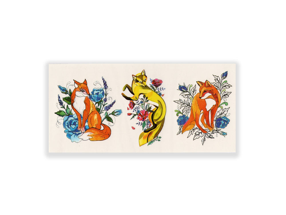 תעתוע קעקוע זמני בינוני צבעוני טריו שועלים בטבע כתום צהוב