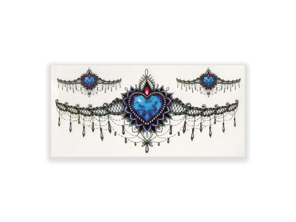 תעתוע קעקוע זמני בינוני צבעוני שרשרת ושני צמידים סגנון גותי קריסטל כחול דמוי תחרה