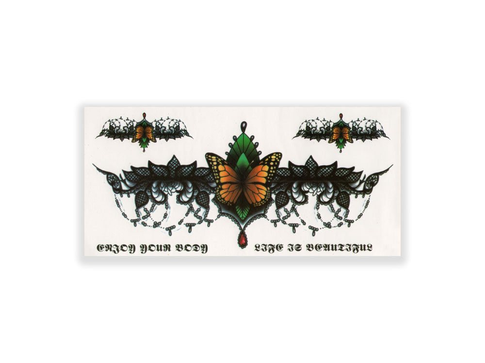 תעתוע קעקוע זמני בינוני צבעוני חזה ידיים קישוט סגנון גותי פרפר צהוב דמוי תחרה