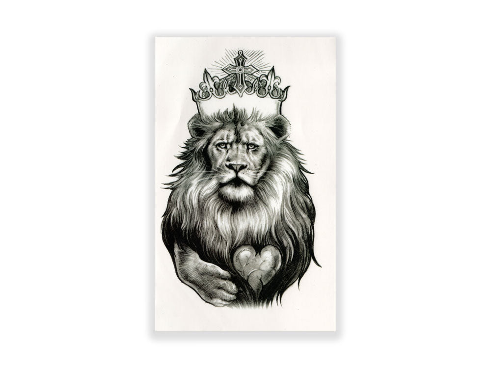 תעתוע קעקוע זמני בינוני שחור לבן מלך החיות אריה עם כתר צלב לב