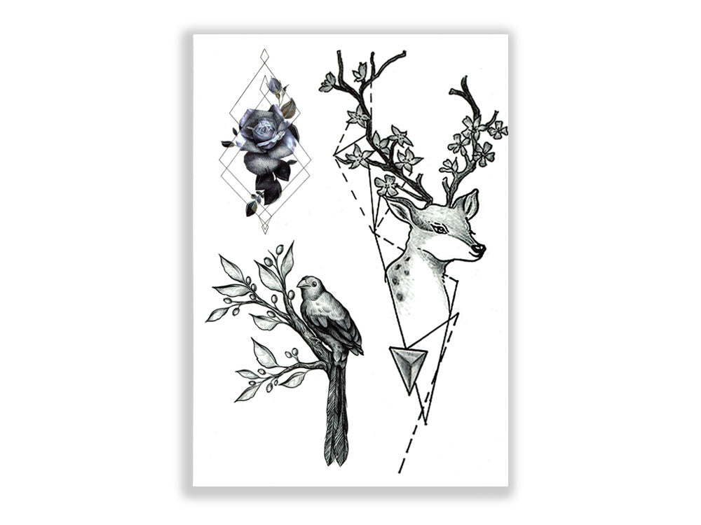 תעתוע קעקוע זמני גדול שחור לבן מיקס עדין גאומטרי אייל ציפור פרח