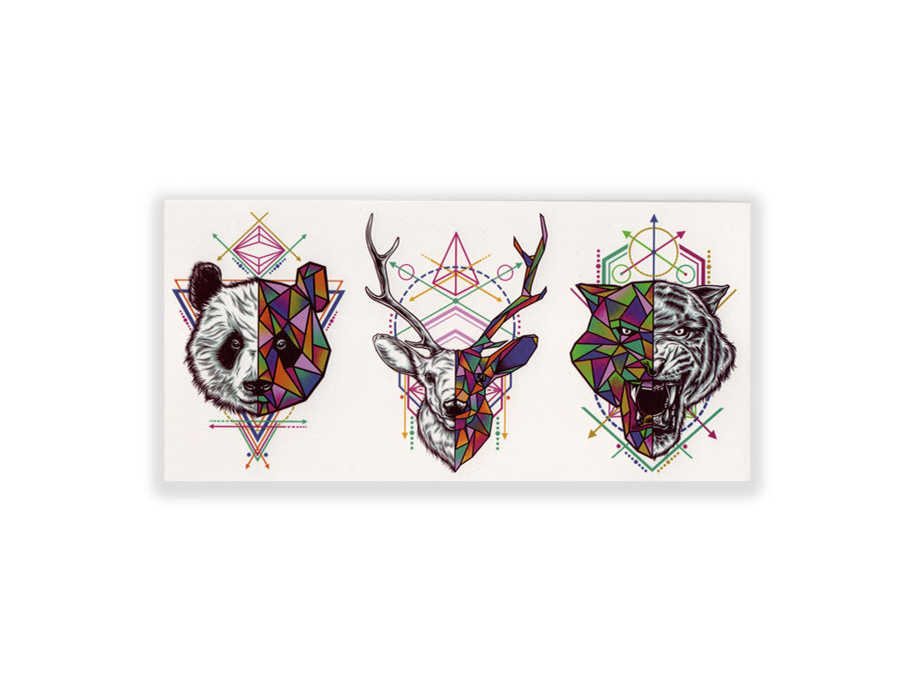 תעתוע קעקוע זמני בינוני צבעוני טריו חיות גיאומטרי אייל פנדה טיגריס