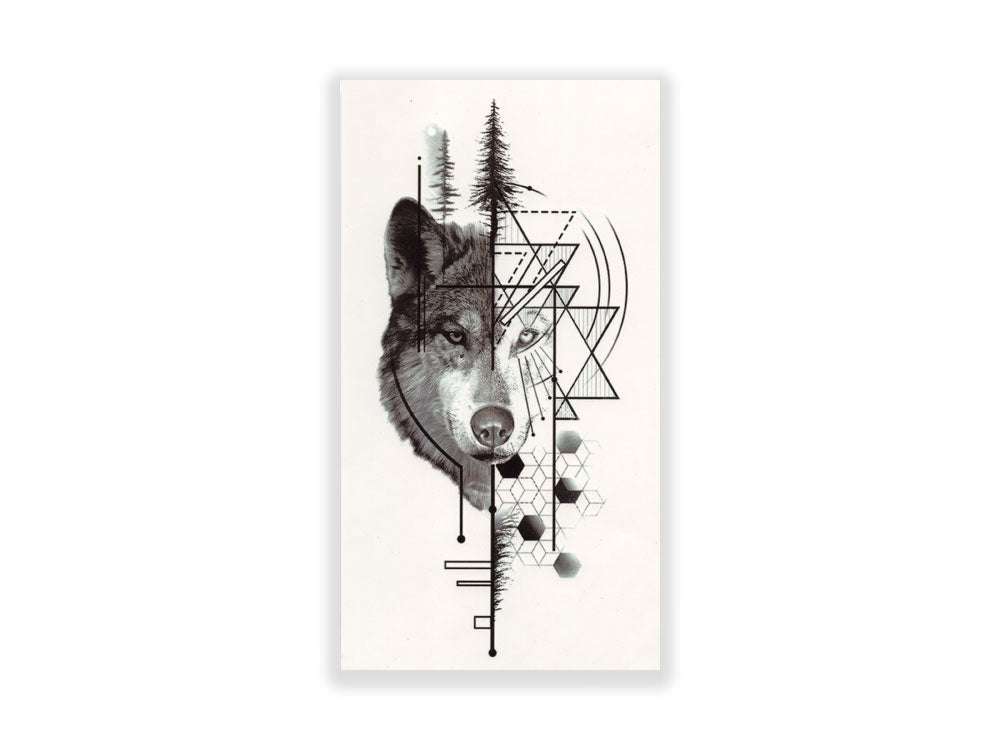 תעתוע קעקוע זמני בינוני שחור לבן זאב מנדלה גיאומטרי יער