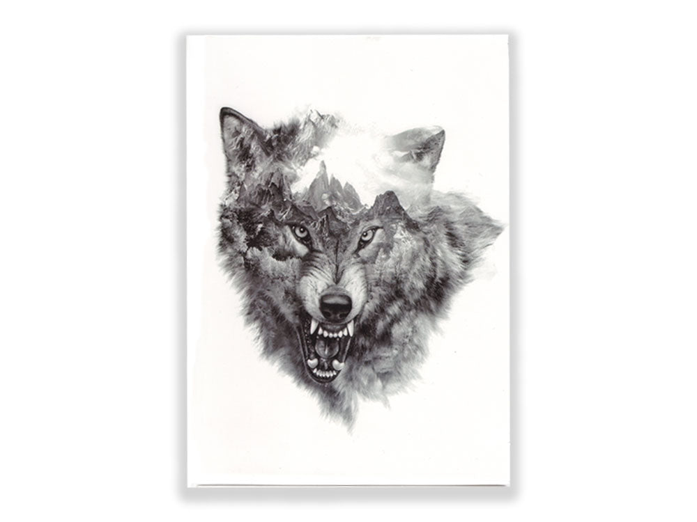 תעתוע קעקוע זמני גדול שחור לבן זאב שואג הרים מושלגים