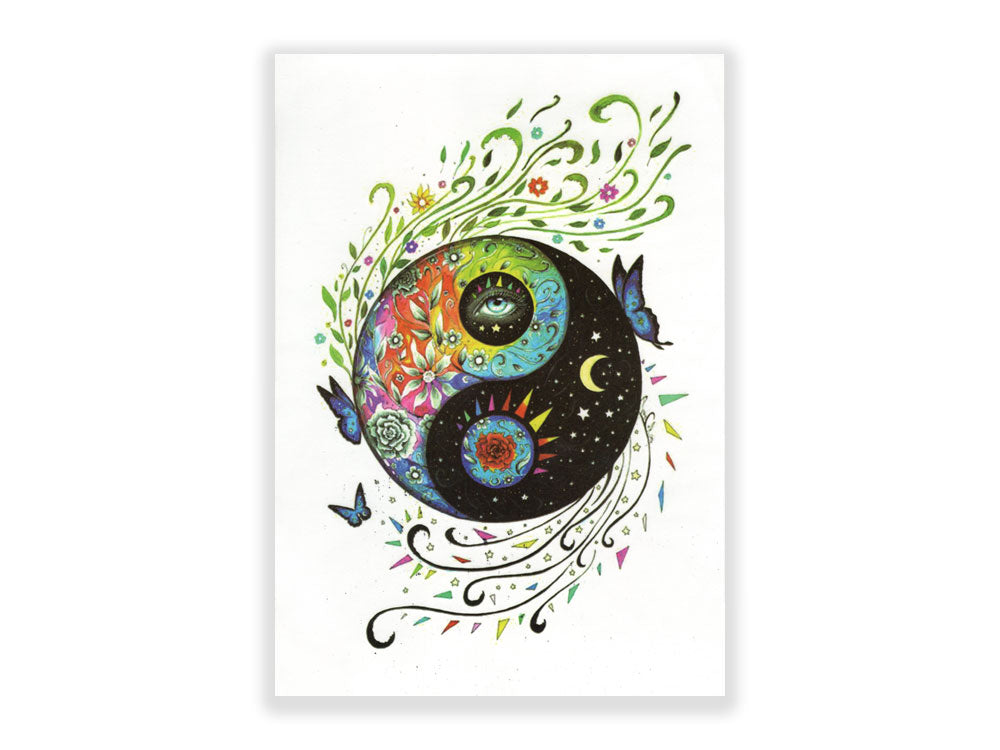 תעתוע קעקוע זמני גדול צבעוני יין ויאנג לילה ויום עם עיטורי פרחים וצמחים