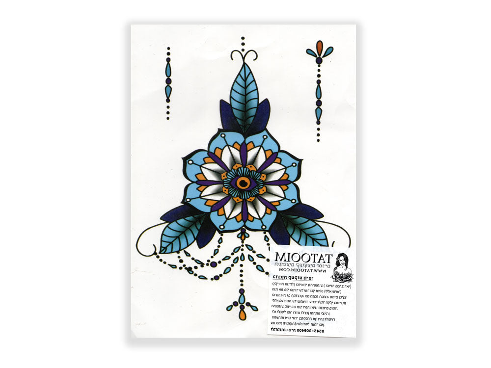 תעתוע קעקוע זמני גדול שרשרת צמיד צבעוני פרח מנדלה כחול עם עיטורי תחרה