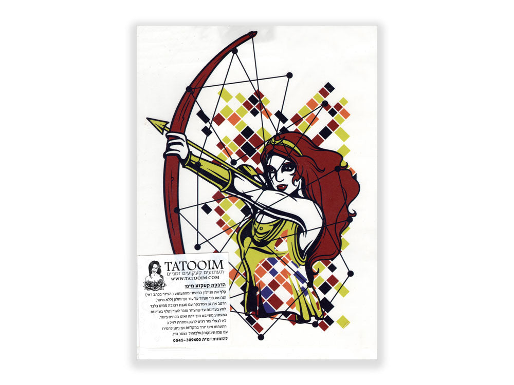 תעתוע קעקוע זמני גדול צבעוני אישה ג׳ינג׳ית לוחמת קשתית חץ וקשת