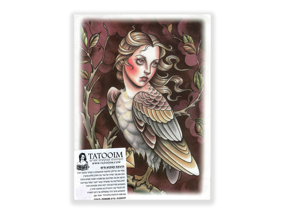 תעתוע קעקוע זמני גדול צבעוני קלף עתיק ציפור עם פני אישה מהאגדות