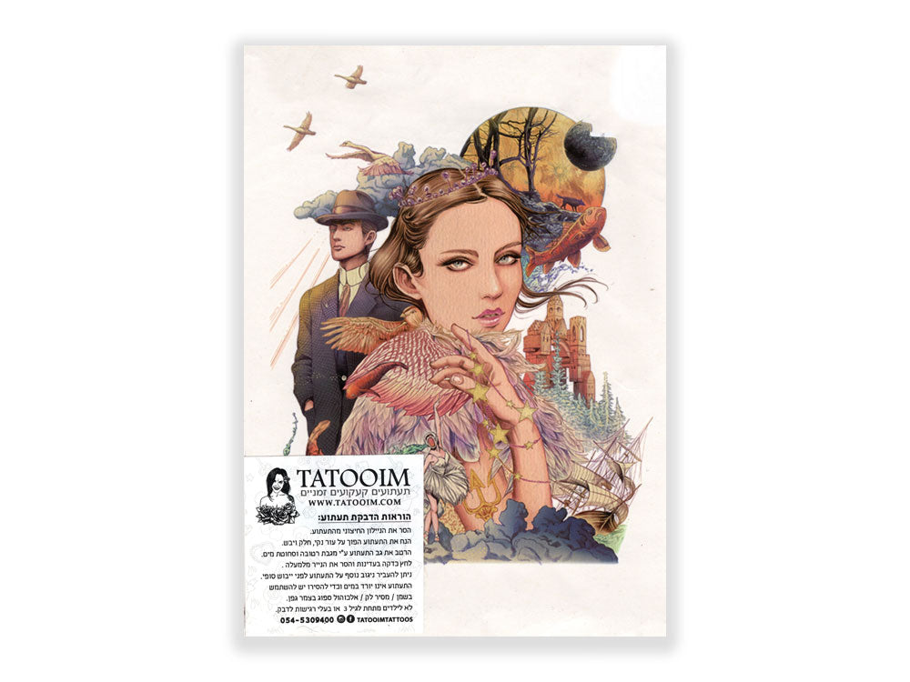 תעתוע קעקוע זמני גדול צבעוני קלאסי אישה ואיש רקע שמש