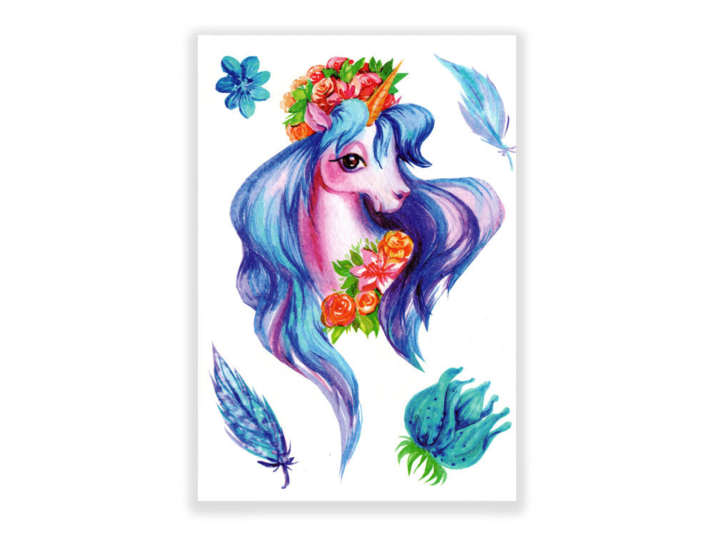 תעתוע קעקוע זמני גדול צבעוני ילדים אגדות ציור צבעי מים חד קרן כתר פרחים נוצות