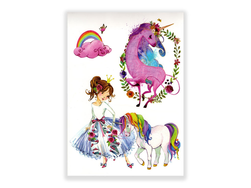 תעתוע קעקוע זמני גדול צבעוני ילדים אגדות ציור חד קרן כתר פרחים נסיכה קשת בענן