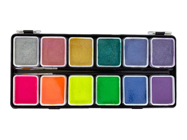 פלטה לציורי פנים וגוף סט 12 צבעים 72 ג’ – צבעי נאון ומטליים