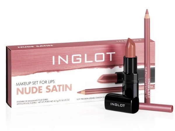 Inglot Makeup Set For Lipst Nude Satin סט שפתיים הכולל ליפסטיק בגימור סאטן ועיפרון שפתיים תואם לאיפור מקצועי מבית אינגלוט