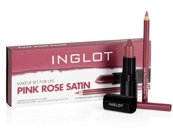 Inglot Makeup Set For Lips Pink Rose Satin סט שפתיים הכולל ליפסטיק בגימור סאטן ועיפרון שפתיים תואם לאיפור מקצועי מבית אינגלוט