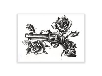 תעתוע קעקוע זמני בינוני - אקדח ושושנים