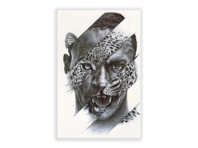 תעתוע קעקוע זמני גדול שחור לבן אפריקאי חצי צ׳יטה חצי אדם שאגה