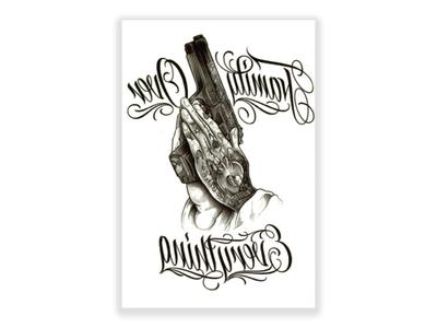 תעתוע קעקוע זמני גדול שחור לבן ידיים תפילה רובה כיתוב משפט כנופייה גב