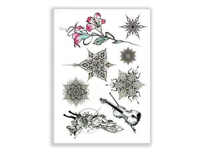 תעתוע קעקוע זמני גדול שחור לבן מיקס מנדלה פרחים קטנים גאומטרי