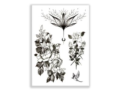 תעתוע קעקוע זמני גדול שחור לבן מיקס פרחים ורדים קטנים ירח ציפור יד