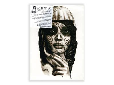 תעתוע קעקוע זמני גדול שחור לבן ציור אישה איפור גולגולת מקסיקנית ריאליסטי בעיפרון