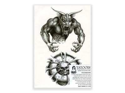 תעתוע קעקוע זמני גדול שחור לבן גולגולת שד יצור קרניים אימה