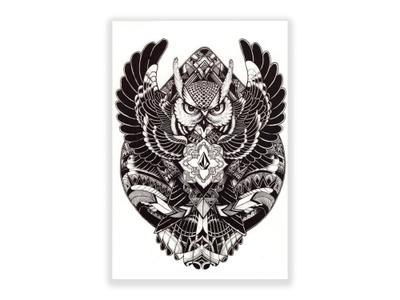 תעתוע קעקוע זמני גדול שחור לבן שרוול ינשוף שבטי מנדלה