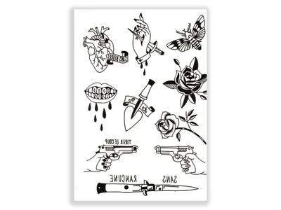 תעתוע קעקוע זמני גדול שחור לבן מיקס לב ורד רובה פגיון עש