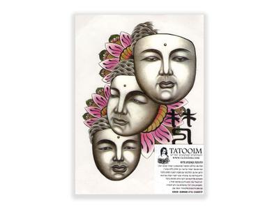 תעתוע קעקוע זמני גדול שחור לבן מזרח טריו מסכות טיבטיות על פרחי לוטוס