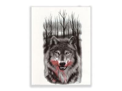 תעתוע קעקוע זמני גדול שחור לבן זאב טורף ביער ריאליסטי