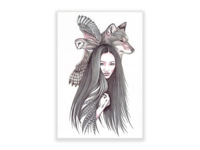 תעתוע קעקוע זמני גדול שחור לבן נערה אינדיאנית לוחמת ינשוף זאב