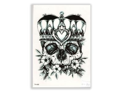 תעתוע קעקוע זמני גדול שחור לבן גולגות עם כתר ופרחים