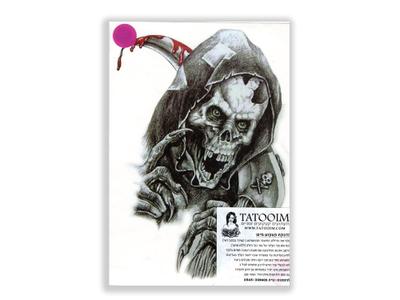 תעתוע קעקוע זמני גדול שחור לבן אפל מלאך המוות גולגולת