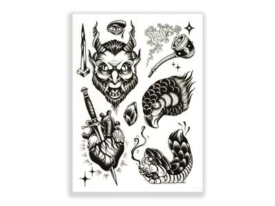 תעתוע קעקוע זמני גדול שחור לבן מיקס שדון עם קרניים נחש פגיון