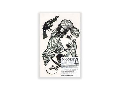 תעתוע קעקוע זמני בינוני שחור לבן דיוקן אישה פיראטית רובה גולגולת