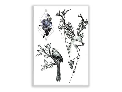 תעתוע קעקוע זמני גדול שחור לבן מיקס עדין גאומטרי אייל ציפור פרח