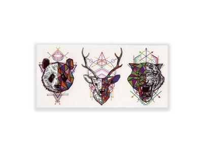 תעתוע קעקוע זמני בינוני צבעוני טריו חיות גיאומטרי אייל פנדה טיגריס