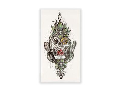 תעתוע קעקוע זמני בינוני שחור לבן גולגולת שבטית על רקע עש ופרחים