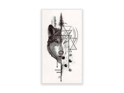 תעתוע קעקוע זמני בינוני שחור לבן זאב מנדלה גיאומטרי יער