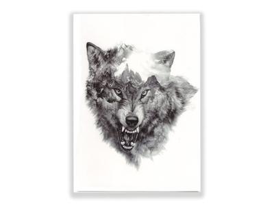 תעתוע קעקוע זמני גדול שחור לבן זאב שואג הרים מושלגים