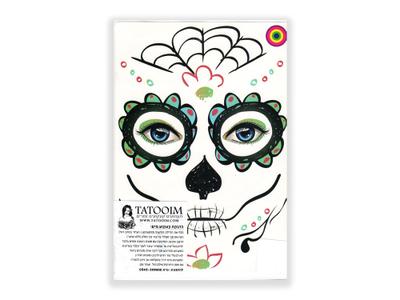 תעתוע קעקוע זמני גדול צבעוני פרצוף מסכה תחפושת גולגולת מקסיקנית ליל כל המתים