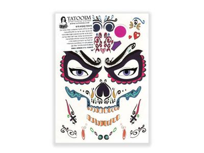 2-תעתוע קעקוע זמני גדול צבעוני פרצוף מסכה תחפושת גולגולת מקסיקנית ליל כל המתים