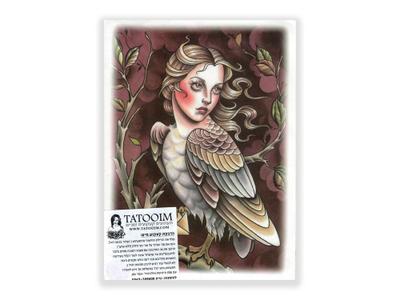 תעתוע קעקוע זמני גדול צבעוני קלף עתיק ציפור עם פני אישה מהאגדות